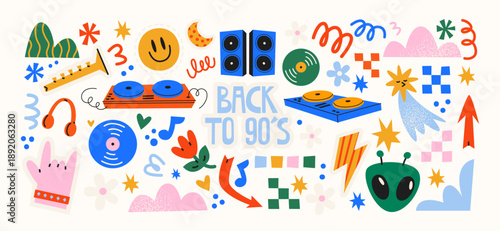 Retro disco party stickers in 90s style. Music elements: vinyl records, DJ turntables, speakers, headphones, smiley icons, abstract shapes. Nostalgic dance party concept inspired by nineties culture