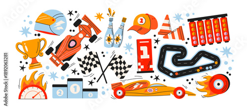 Racing cars and motorsport sticker set in retro cartoon style. Speed, trophy, flags, helmet, gloves and cones for auto competition and championship design. Sport collection about drive and victory