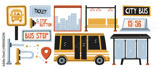 City bus stop stickers in retro cartoon style. Urban transport elements: city bus, bus shelter, ticket sign, route board, stop button. Public transport concept for navigation, travel and city services