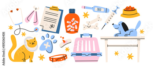 Veterinary clinic pet care in retro cartoon style. Cat, dog and pet carrier with medical tools, cozy animal healthcare environment, friendly vet service, routine checkups, treatment and everyday care 