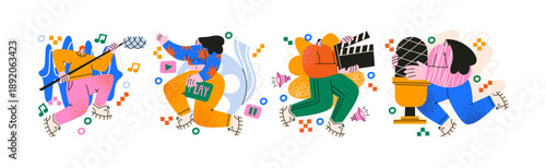 Creative studio characters in retro cartoon style. Media production mascots: musician with guitar, gamer with controller, film director with clapperboard, photographer with camera. Creative work 