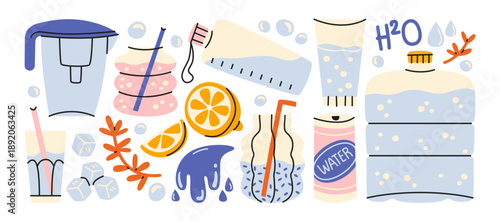 Daily water intake stickers in retro cartoon style. Hydration elements: water bottle, glass, filter jug, lemon slices, ice cubes, droplets. Healthy hydration routine concept for wellness lifestyle 