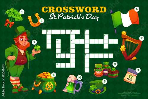 Crossword quiz game grid with irish leprechaun and St Patrick's day holiday objects. Saint Patrick vector crossword quiz game worksheet with Ireland flag, pot of gold, golden horseshoe and sweets
