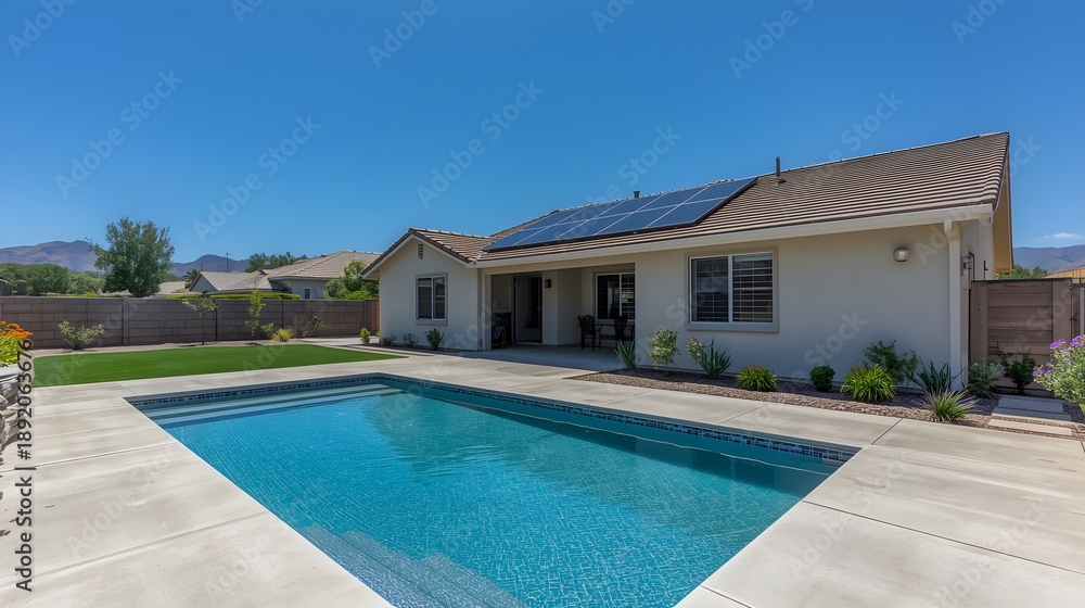 Fototapeta premium Modern suburban luxury home with sparkling blue swimming pool in sunny backyard oasis