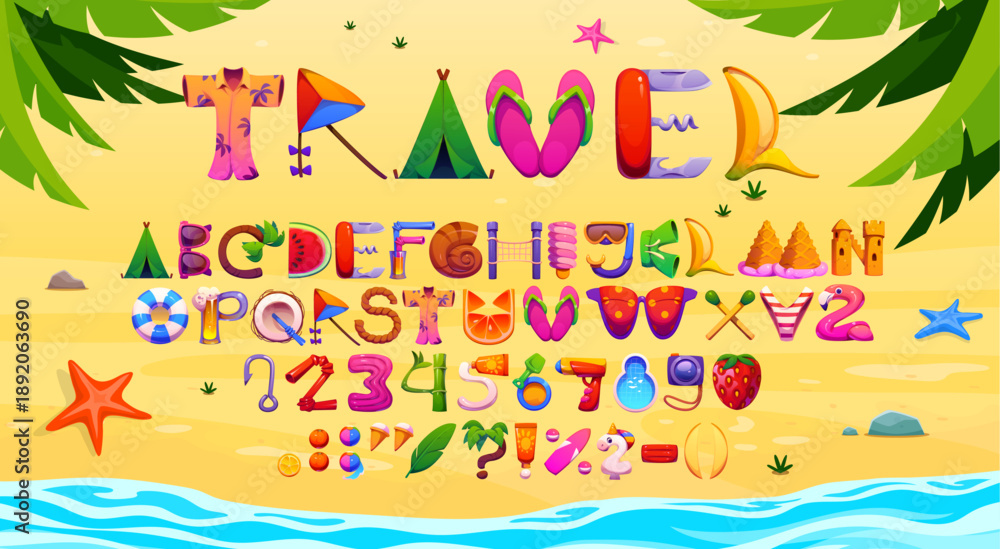 Fototapeta premium Summer font, travel vacation cartoon typeface letters. Playful beach alphabet abc characters, symbols and and numbers crafted from fruits, swimsuits, beachwear, umbrellas, sandcastles and ocean motifs