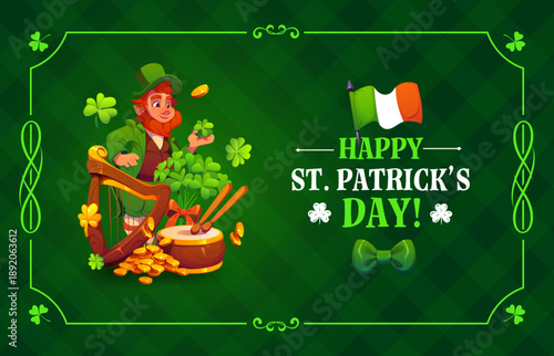 Happy St Patrick's day holiday greeting card. Irish party vector banner, spring celebration flyer. Saint Patrick poster with leprechaun character, harp and drum, gold, shamrock clover, Ireland flag