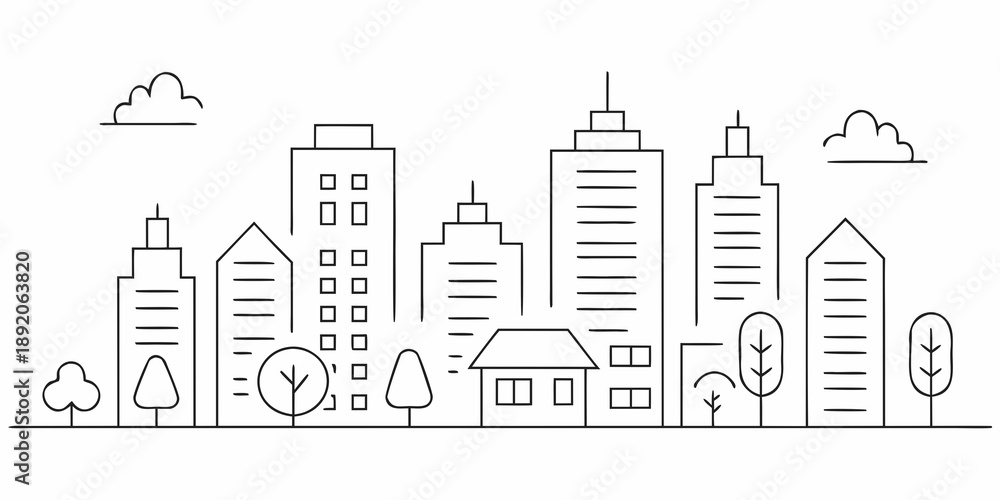 Fototapeta premium Minimalist line art depicting a city skyline with trees and clouds