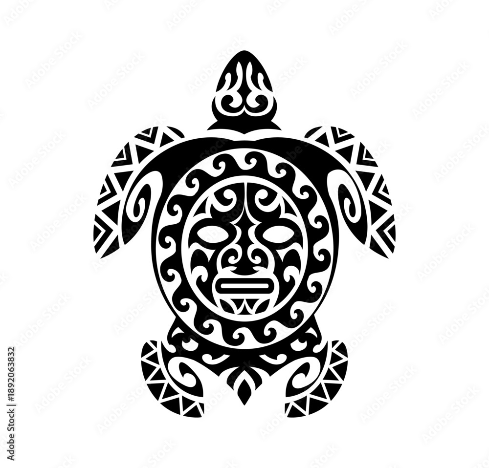 Fototapeta premium Maori sea turtle animal tribe graphic tattoo or decor. Polynesian tribe abstract tattoo, Samoan tribal graphic decoration. Maori ethnic black print