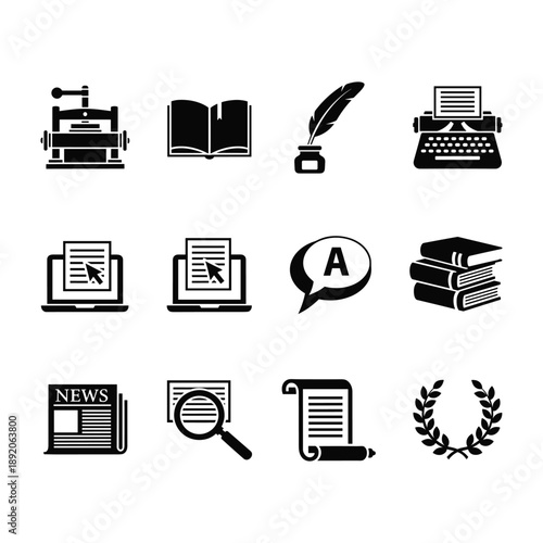 Black and white icons representing writing and literature including typewriter, book, quill, and newspaper Keywords: icons, writing, literature, typewriter, book, quill, inkwell, newspaper, scroll