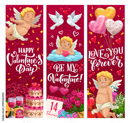 Valentines day banners featuring cherubs, hearts, roses, gifts, doves, love dates, balloons and romantic elements. Vector holiday vertical greeting cards display elegant typography and festive decor