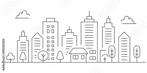 Minimalist line art depicting a city skyline with trees and clouds