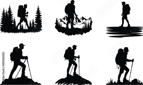 Adventure hiking silhouettes set, backpacker trekking in mountains, forest and wilderness, outdoor travel exploration vector illustration collection modern black design