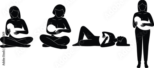 Breastfeeding mother silhouette, nursing baby poses, maternal care concept, newborn feeding, motherhood support, healthy lactation, infant bonding, natural nutrition illustration