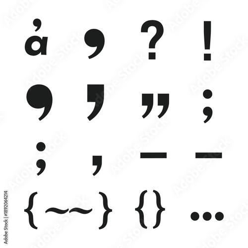Collection of punctuation marks and symbols in black on a white background comma period