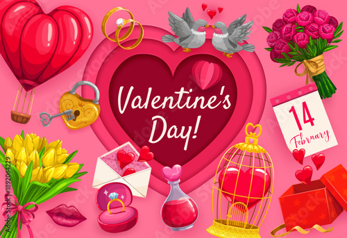 Paper cut happy Valentine day greeting card with papercut red heart. 3d vector romantic holiday banner with tulips, roses, wedding rings, love envelope, key and lock, potion, doves, gift box, balloon