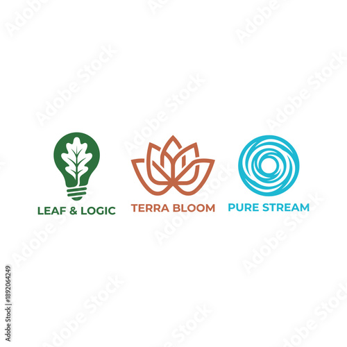 Modern minimalist nature icons featuring leaf bulb, lotus flower, and water swirl for eco-friendly branding Leaf & Logic, Terra Bloom, Pure Stream