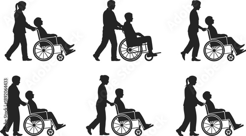 Caregiver pushing wheelchair patient silhouette, healthcare support, disability assistance, elderly care, medical transportation, rehabilitation, nursing, 