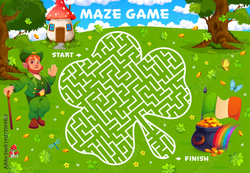 Happy St Patrick day labyrinth maze kids game worksheet, cartoon vector puzzle quiz. Labyrinth maze game for kids to help leprechaun to find way or road for gold coins pot and Irish flag of St Patrick