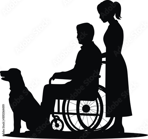 Caregiver pushing wheelchair, disabled patient with assistance dog, compassionate healthcare support, family care concept, silhouette vector illustration isolated on background