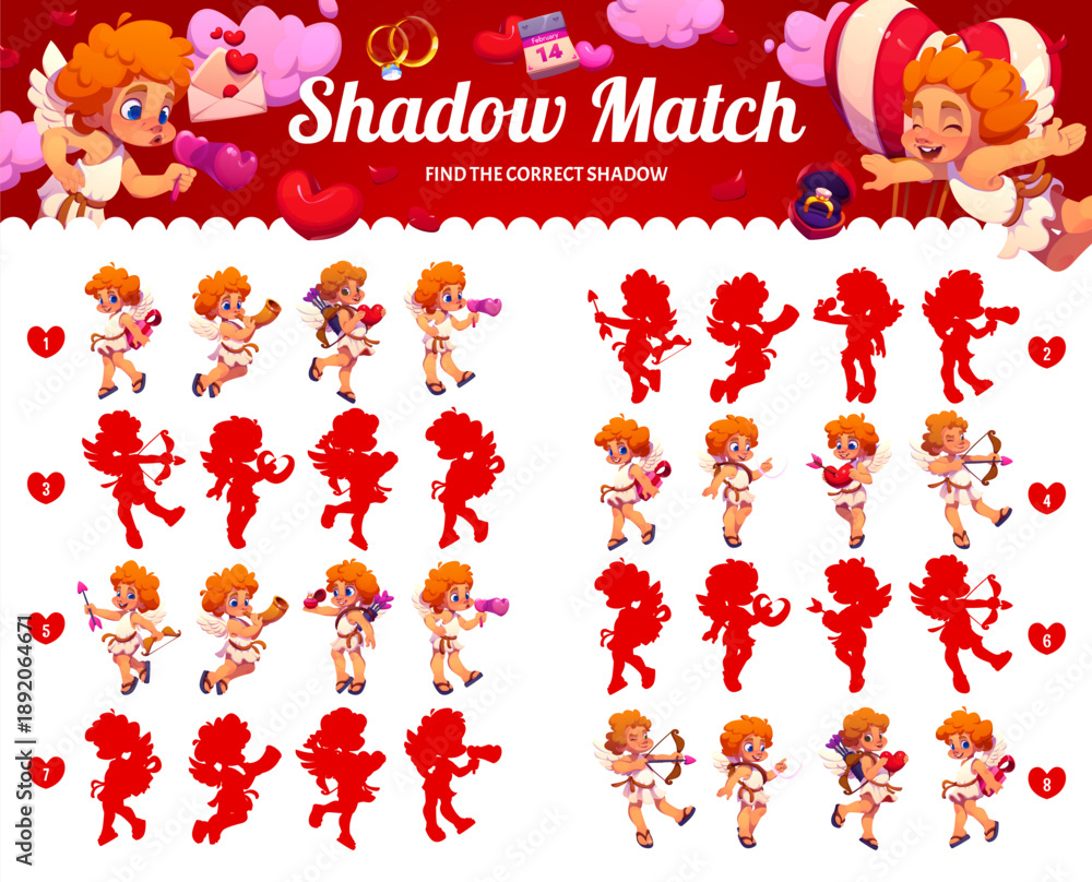 Fototapeta premium Find correct shadow of Valentine cherub cupids with love hearts, vector worksheet for kids. Quiz puzzle game to find same shadow of picture with funny cupid angel characters with Valentine love hearts
