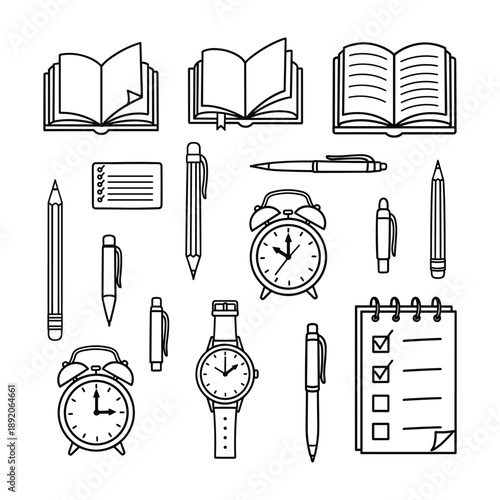 Collection of open and closed books pens pencils alarm clocks and wristwatch on white background Keywords: book open book closed book stationery writing instrument pencil pen ballpoint pen