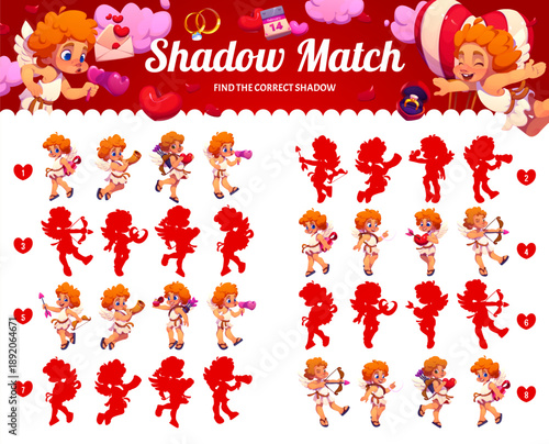 Find correct shadow of Valentine cherub cupids with love hearts, vector worksheet for kids. Quiz puzzle game to find same shadow of picture with funny cupid angel characters with Valentine love hearts