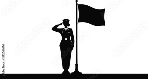 Female military officer saluting beside national flag, silhouette isolated on white background, patriotic honor respect service stock illustration design concept