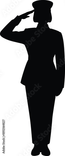 Female military officer silhouette saluting in uniform, isolated on white background, showing honor respect service patriotic stock illustration design concept