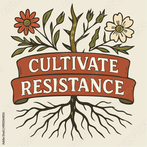 blooming thorny weed roots and bold ribbon for activist branding and emotional resilience
