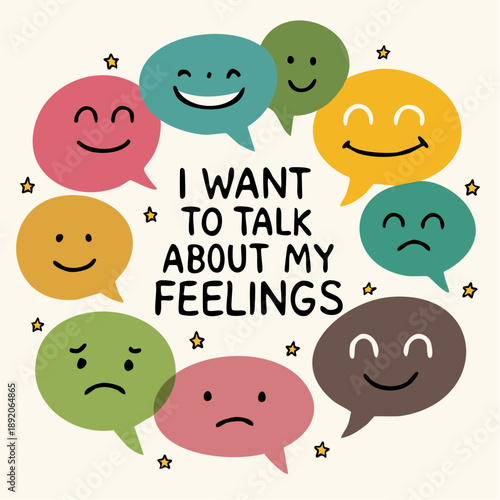 emotive speech bubble circle with expressive faces and central message for mental health and emotional branding