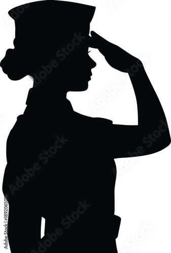 Female military officer silhouette, saluting in uniform, side profile isolated, white background, patriotic honor respect service stock illustration design concept