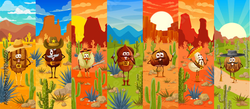 Cartoon nuts collage with cowboy and ranger vector characters. Coffee bean in sombrero, cocoa bean sheriff, pistachio bandit, chestnut with revolver, hazelnut outlaw, cashew in sombrero, coconut