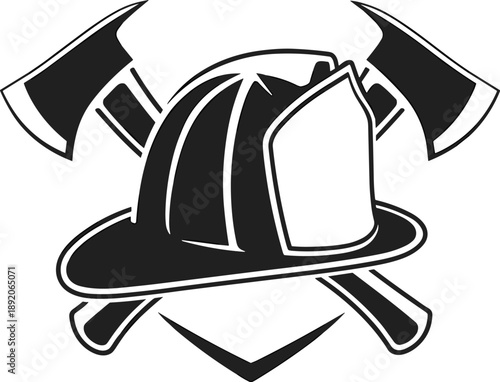 Firefighter helmet and crossed axes emblem, rescue emergency service symbol isolated on white background, safety protection bravery hero concept design