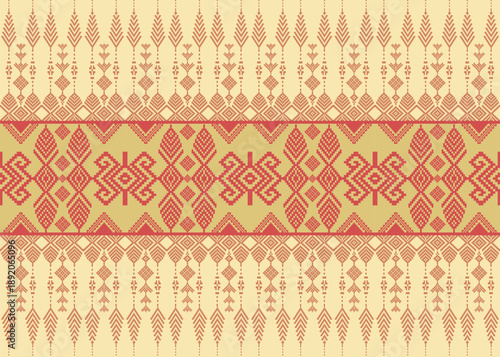 Thai fabric design. Traditional red tribal fabric pattern on cream color background, suitable for printing on fabric, clothing, carpets, shoes bags, gift wrapping paper, festivals,new fabric design.
