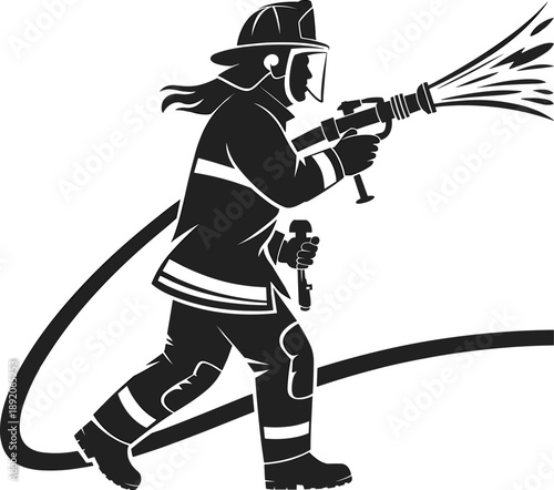 Firefighter silhouette, fire rescue, water hose action, emergency response, safety hero, black and white illustration, firefighting concept, vector design art
