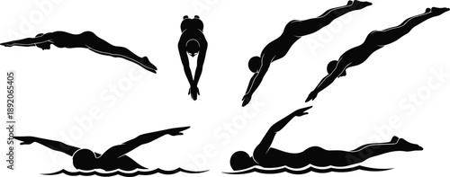 Black silhouettes of swimmers performing freestyle and diving movements, professional swimming poses isolated on white background for sport, fitness, training, and competition concepts