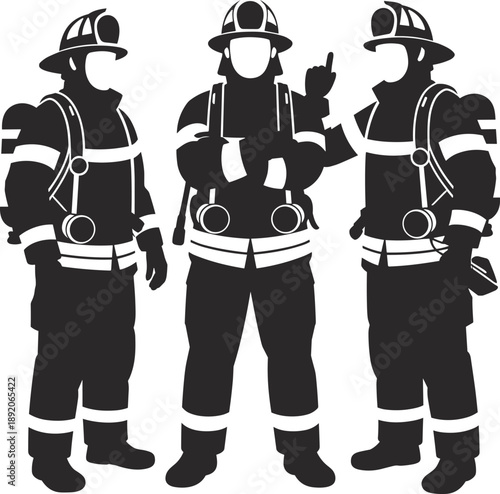 Firefighter team silhouettes, emergency responders in protective gear, fire brigade unity, safety professionals standing together, rescue service illustration vector design