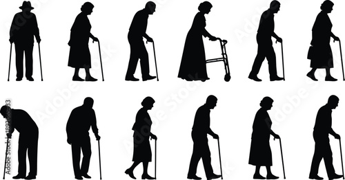 Black silhouettes of elderly people walking with canes and walkers showing senior men and women aging mobility concept isolated on white background