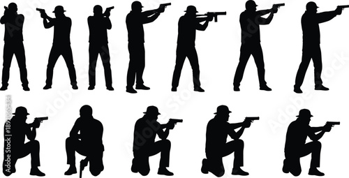 Black silhouettes of armed soldiers aiming rifles in tactical combat poses, military action figures isolated on white background for security and defense concepts