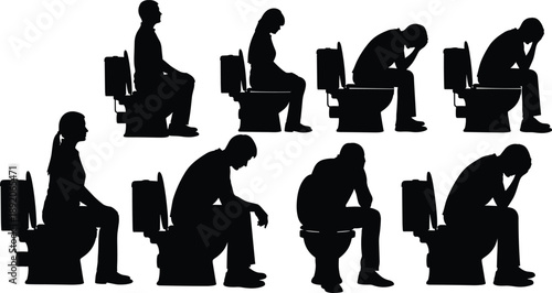 Toilet silhouettes showing man sitting in different bathroom postures, black vector illustration for restroom hygiene, digestive health, stress, and human behavior concept design