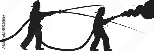 Firefighters battling blaze silhouette, teamwork rescue action, isolated on white background, emergency response hero service stock illustration design concept scene