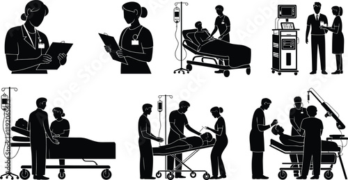 Hospital healthcare silhouettes, doctors and nurses treating patients, medical equipment, emergency care scenes, clinical teamwork, vector illustration set isolated background