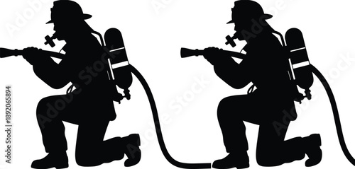 Kneeling firefighter silhouettes, emergency responders using fire hose, protective gear safety, fire brigade rescue action, vector illustration isolated background design
