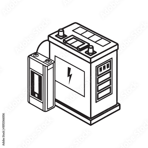 Line drawing illustration of a large vehicle battery connected to a smaller battery