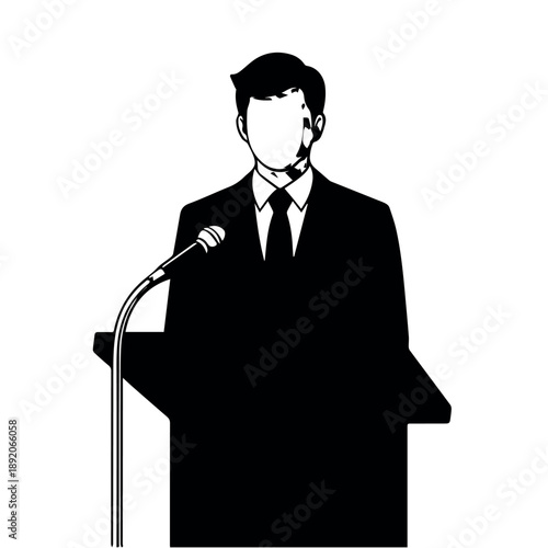 A man in a business suit stands at a podium with a microphone giving a speech in a simple black silhouette vector graphic