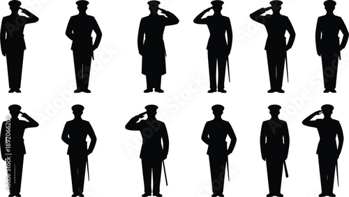 Military officer silhouette collection, showing saluting standing poses, isolated on white background, patriotic honor service, stock illustration design for branding