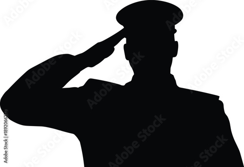 Military officer silhouette saluting in uniform, isolated on white background, patriotic honor respect service concept for stock illustration and design