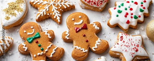 A festive assortment of gingerbread cookies shaped like gingerbread men, snowflakes, and holiday-themed decorations, adorned with colorful icing and sprinkles.