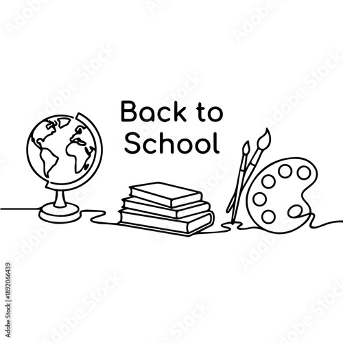 A minimalist vector graphic illustration of a globe, books, and art supplies with the words Back to School written in a simple line art style on a transparent background