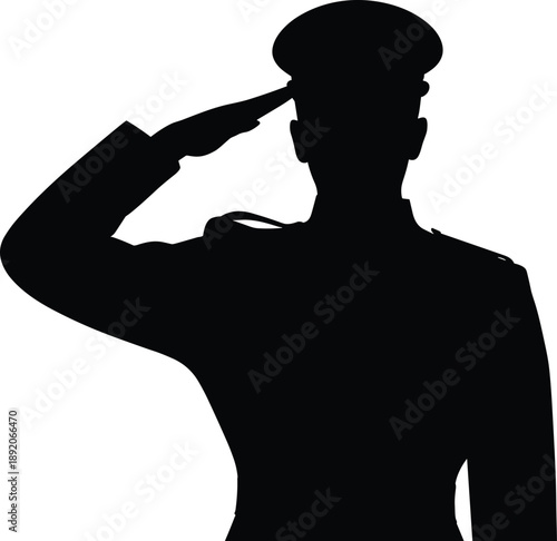 Military officer silhouette saluting in uniform, isolated on white background, patriotic respect honor service concept for stock illustration design use